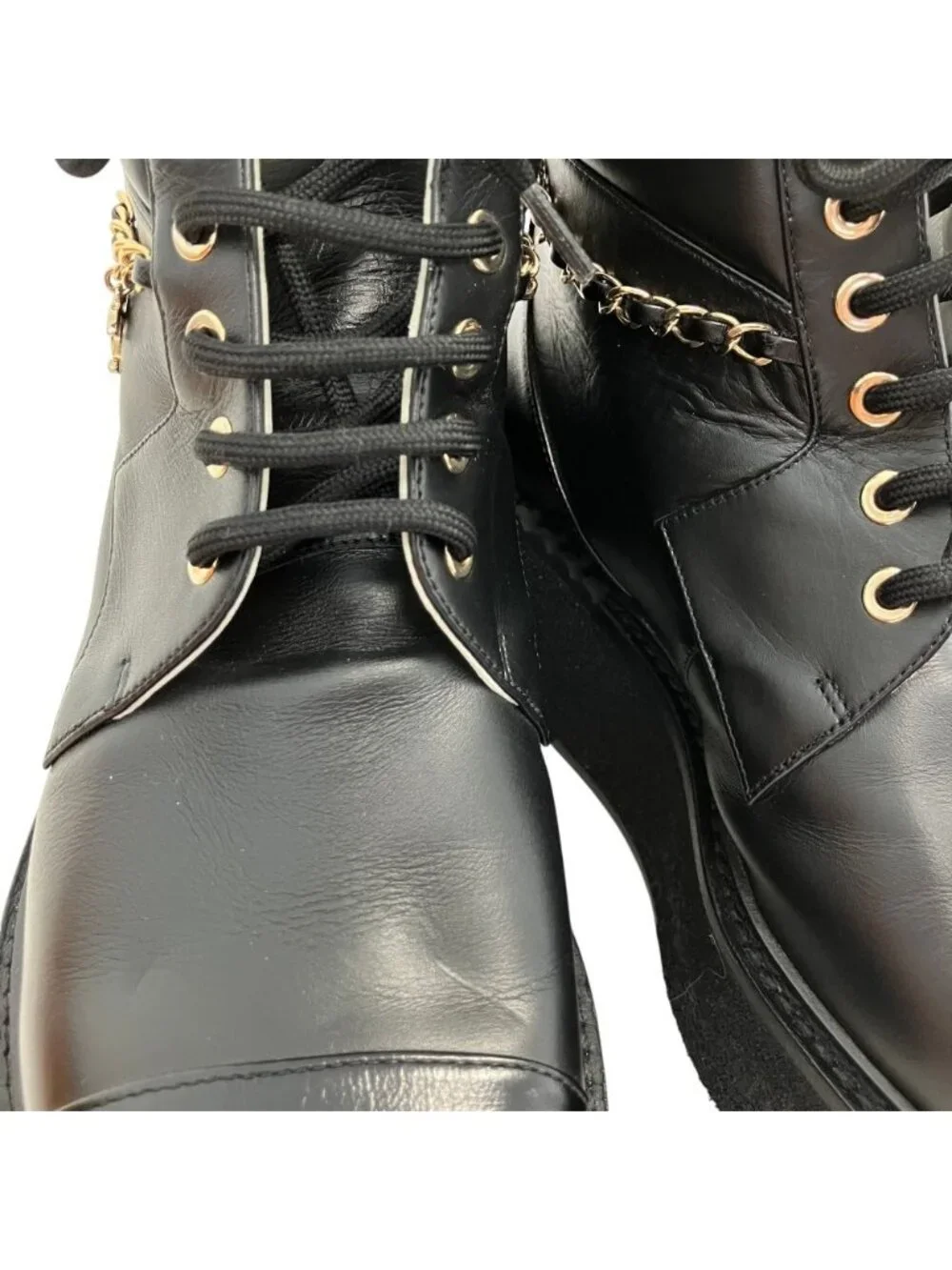 Chanel CC Logo Chain Decoration Lace Up Boots 37.5 Black